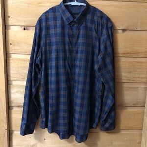 Light weight button front plaid long sleeve dress shirt blue / tan XL